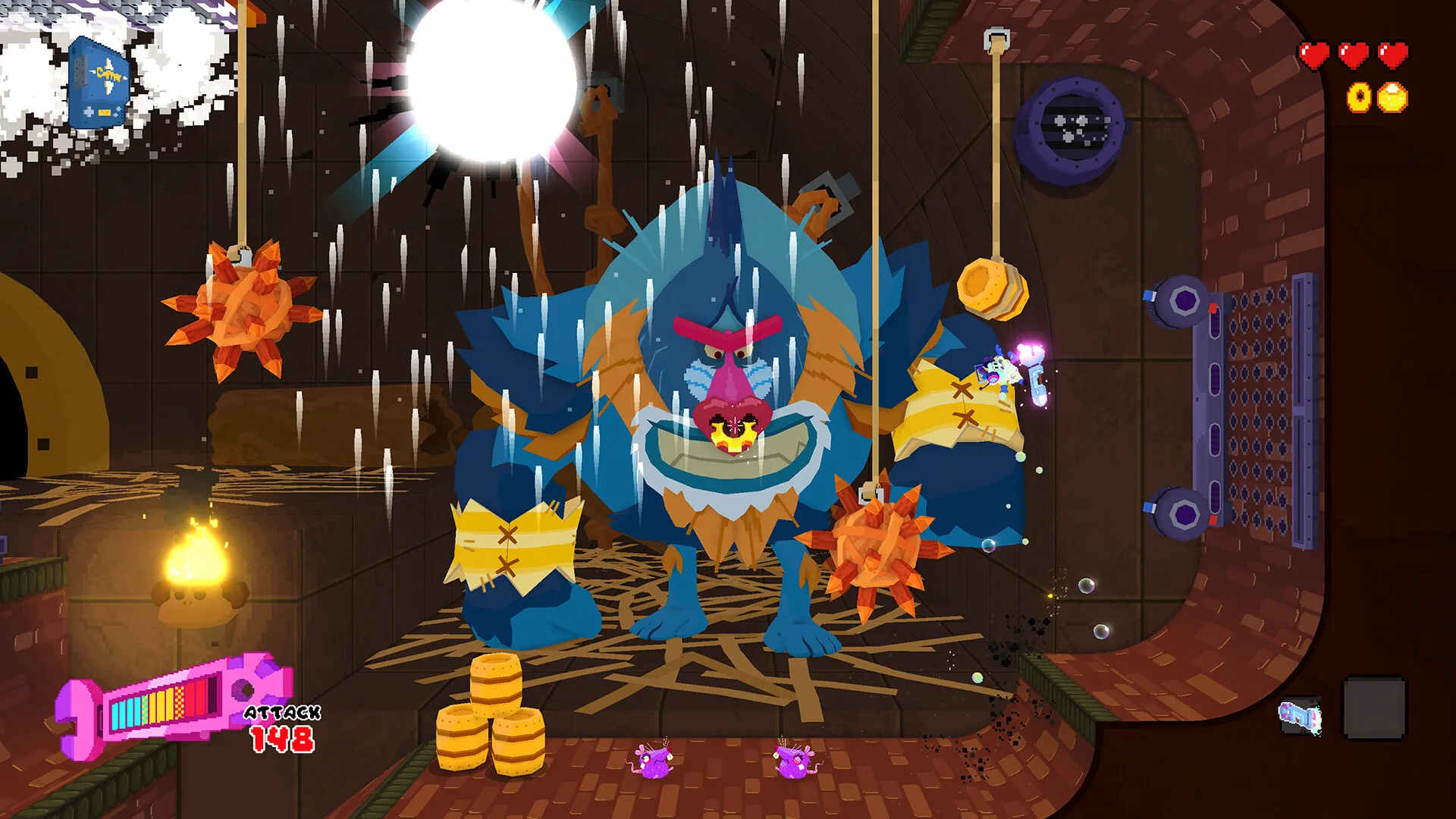 Captura Seafrog El Jefe Gorila Ocupa El Centro De La Pantalla Bajo Una Intensa Lluvia Mientras El Jugador Lo Esquiva Lateralmente