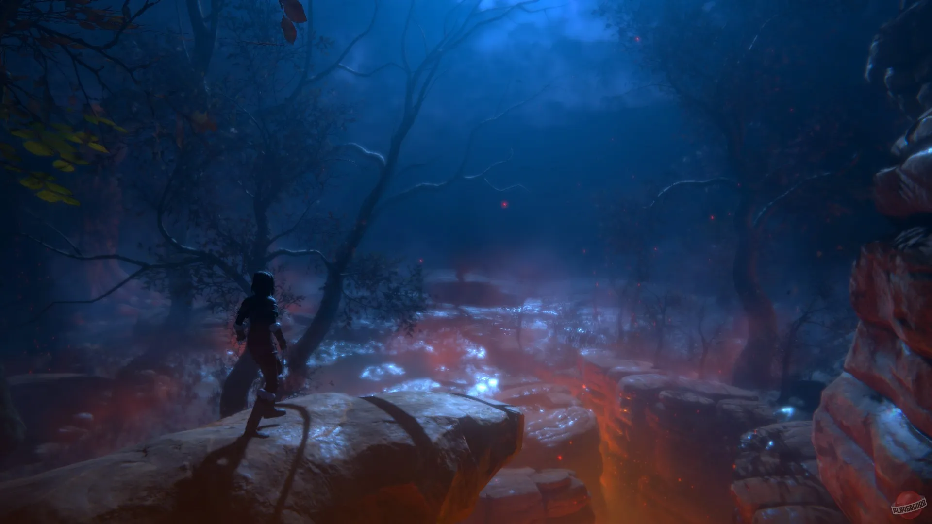 Captura Seed Of Life – Bosque Azul Oscuro Con Luces Anaranjadas Y Figura Caminando Al Centro