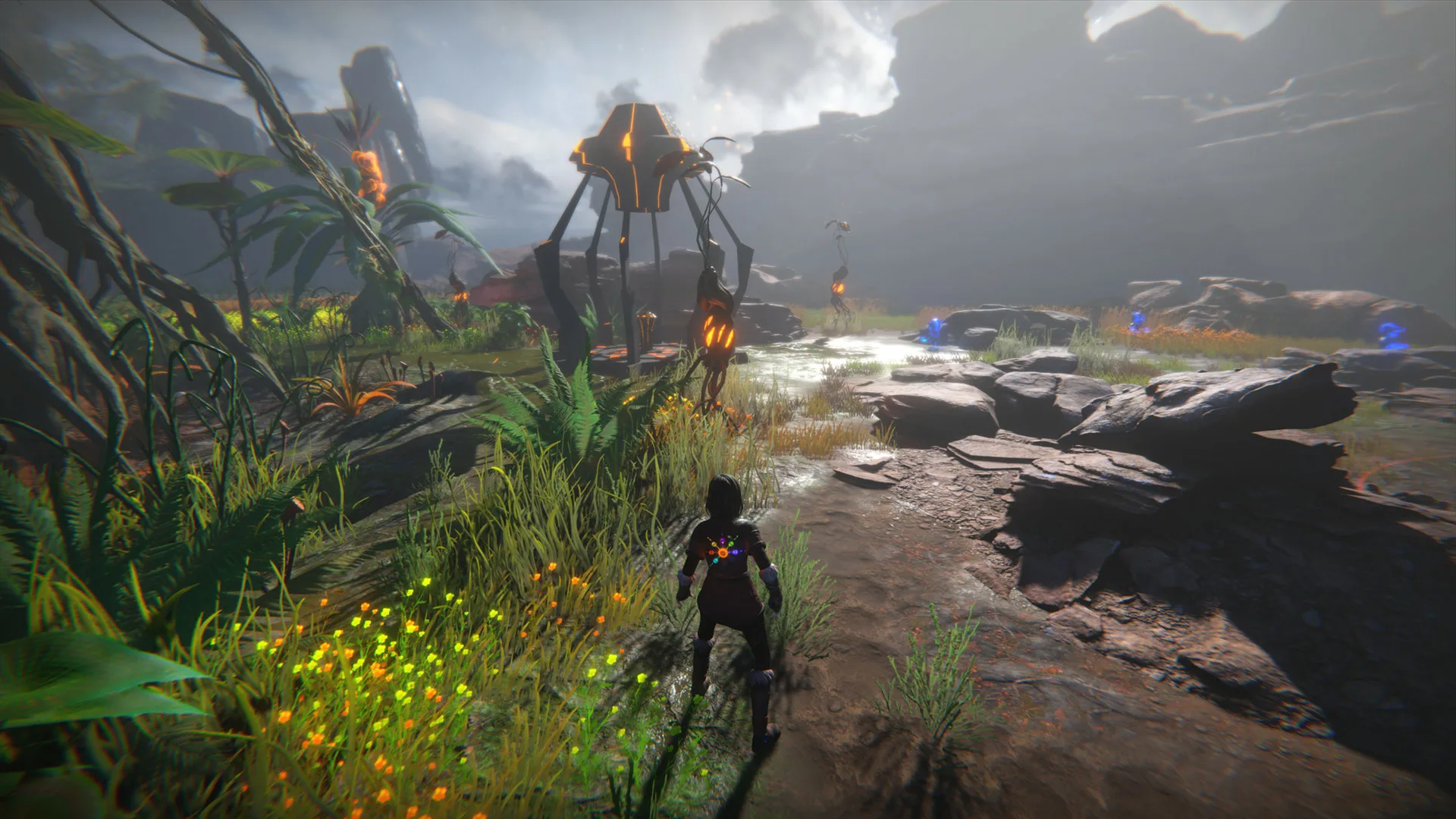 Captura Seed Of Life – Paisaje Vegetal Futurista Con Estructuras Gigantes Y Personaje En Exploracion