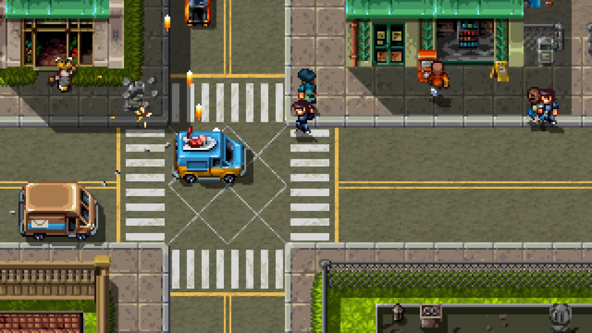 Captura Shakedown Hawaii – Esquina De Ciudad Con Trafico Y Peatones Estilo Retro