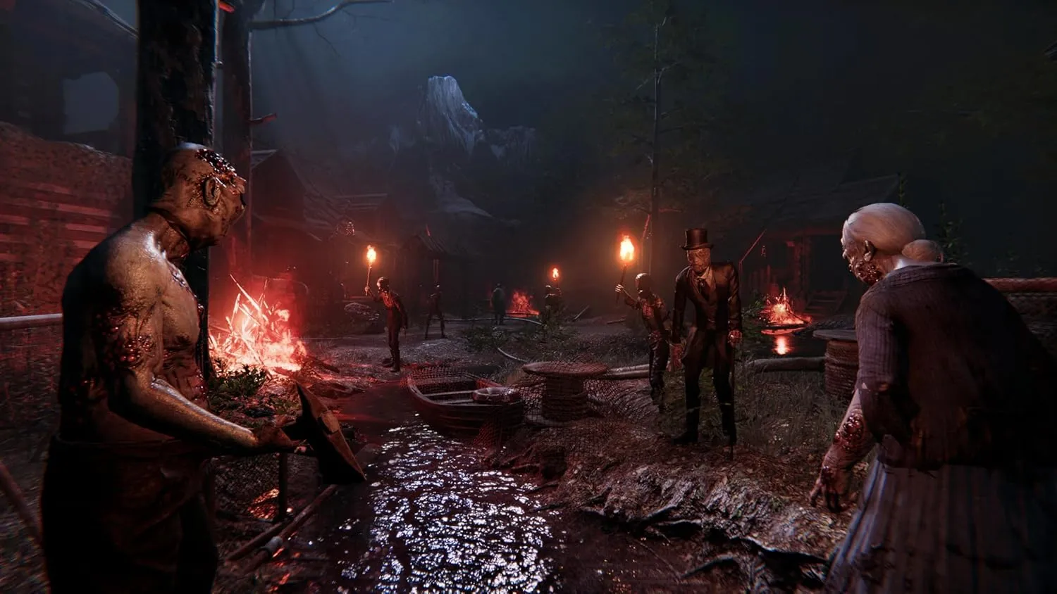 Captura Sker Ritual – Encuentro Entre Supervivientes Y Criaturas Bajo La Lluvia En Una Zona De Bosque Rojo