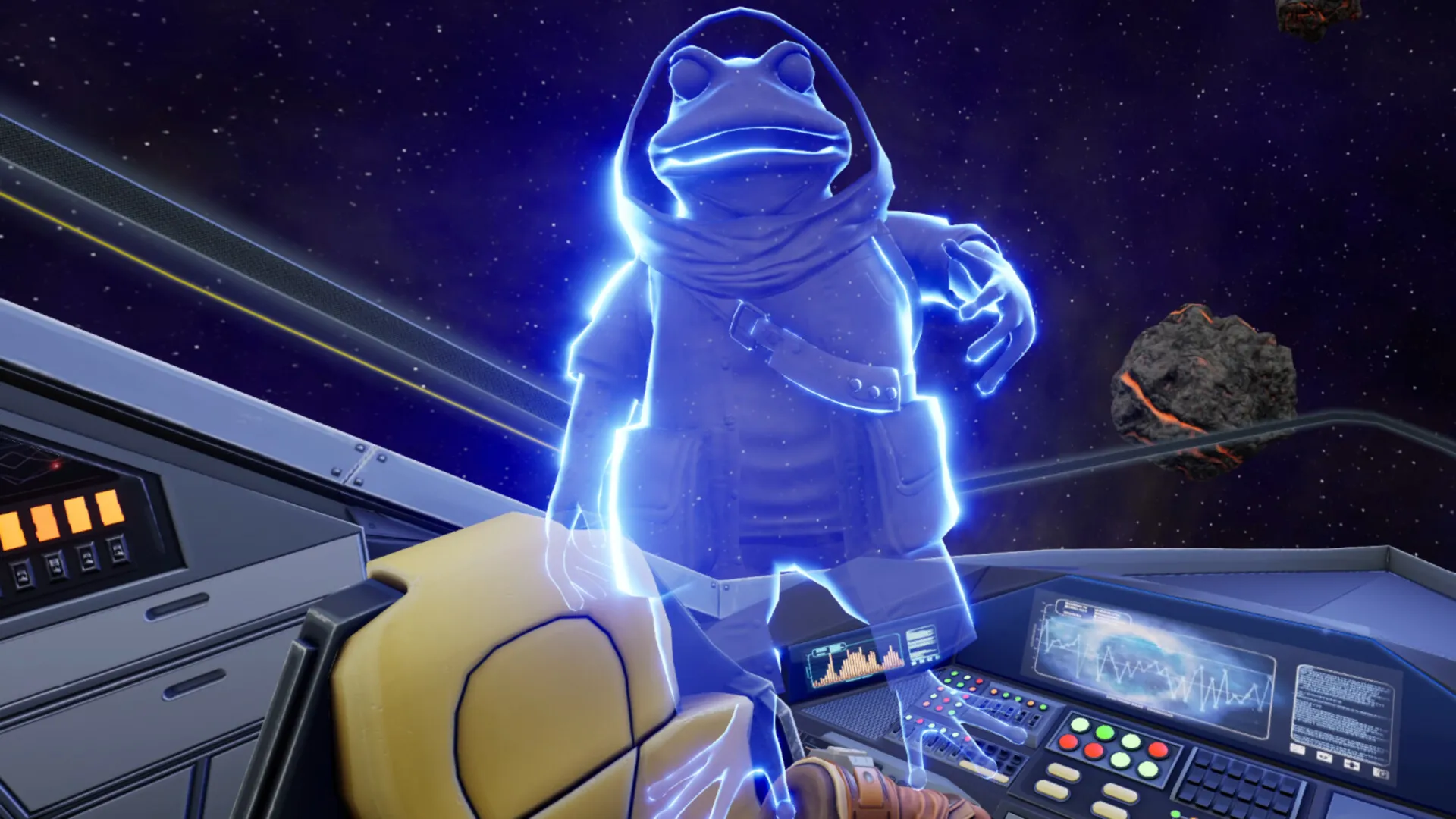 Captura Skin Deep – Holograma Azul De Una Criatura Anfibia Aparece Frente Al Jugador En Una Nave Espacial