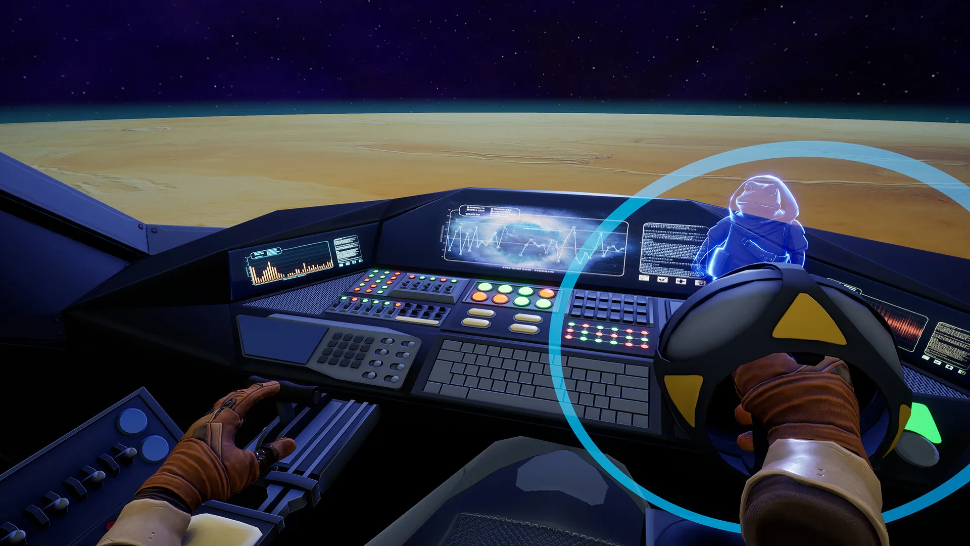 Captura Skin Deep – Vista Desde El Interior De La Cabina De Mando Con El Holograma Del Personaje Anfibio Al Frente