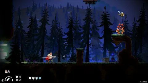 Captura Slavania – Bosque Nocturno Con Arboles Altos Personaje Pequeno Enfrentando A Enemigo Sobre Una Plataforma