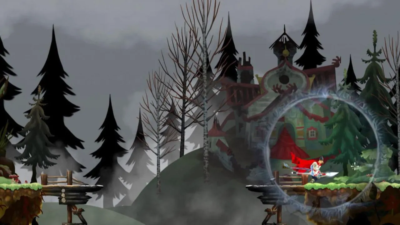 Captura Slavania – Entrada A Un Castillo Gotico Rodeado De Pinos Con Niebla Y Personaje Rojo Cerca Del Portal