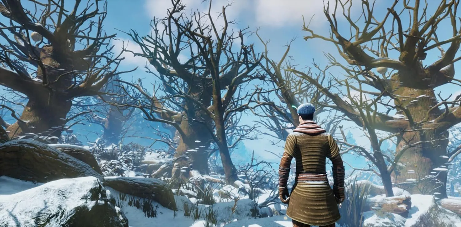 Captura Smalland Survive The Wilds – Explorador Avanzando Entre Arboles Secos En Paisaje Nevado