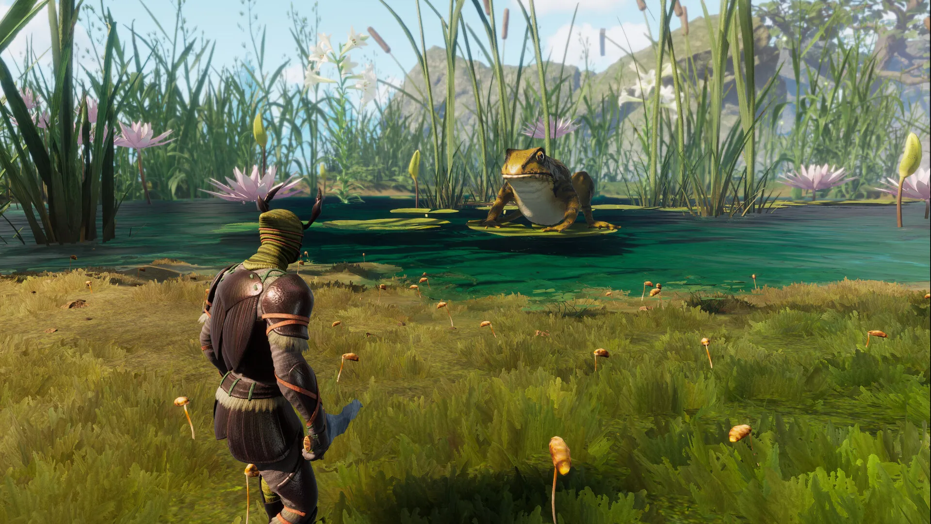 Captura Smalland Survive The Wilds – Vista De Personaje Junto A Una Rana En Un Entorno De Pasto Alto