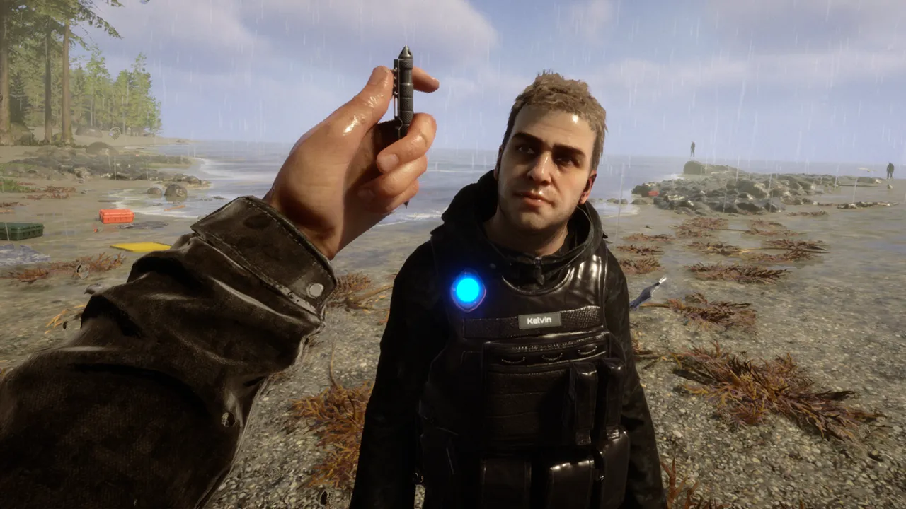 Captura Sons Of The Forest – Hombre Con Chaqueta Tactica Recibiendo Un Objeto Pequeno En La Playa