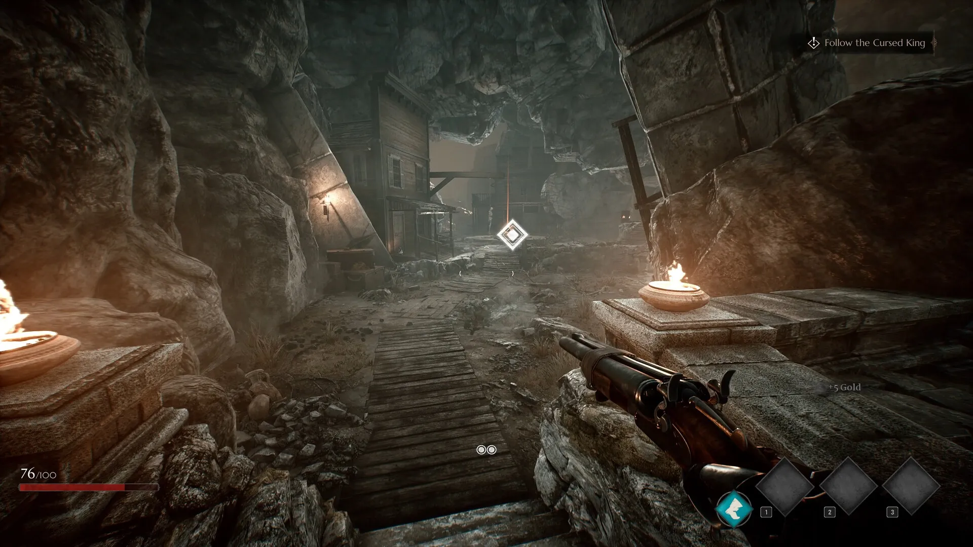 Captura Soulslinger Envoy Of Death – Ruinas Oscuras Iluminadas Por Luces Calidas