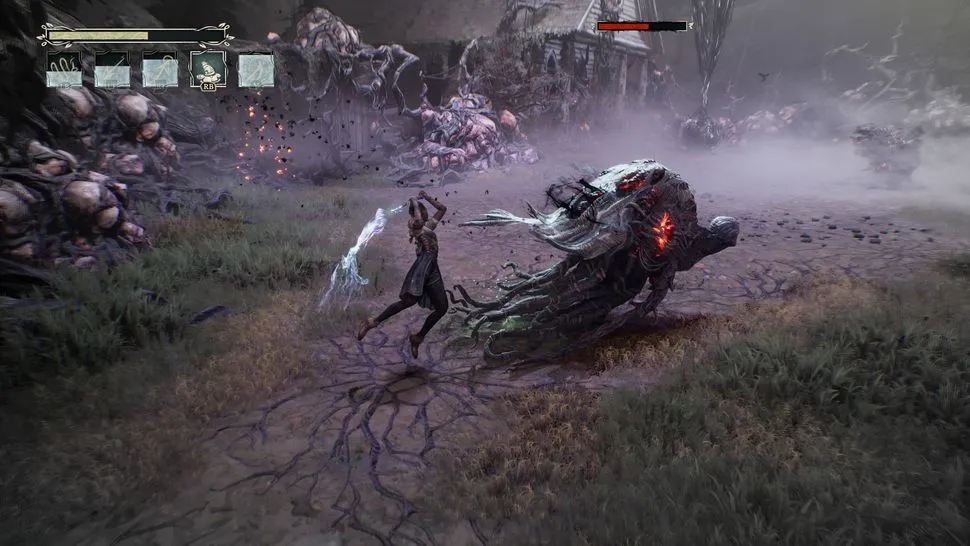 Captura South Of Midnight – La Protagonista Alza Los Brazos Mientras Una Figura Espectral La Asiste En Un Ataque Contra Criaturas Retorcidas
