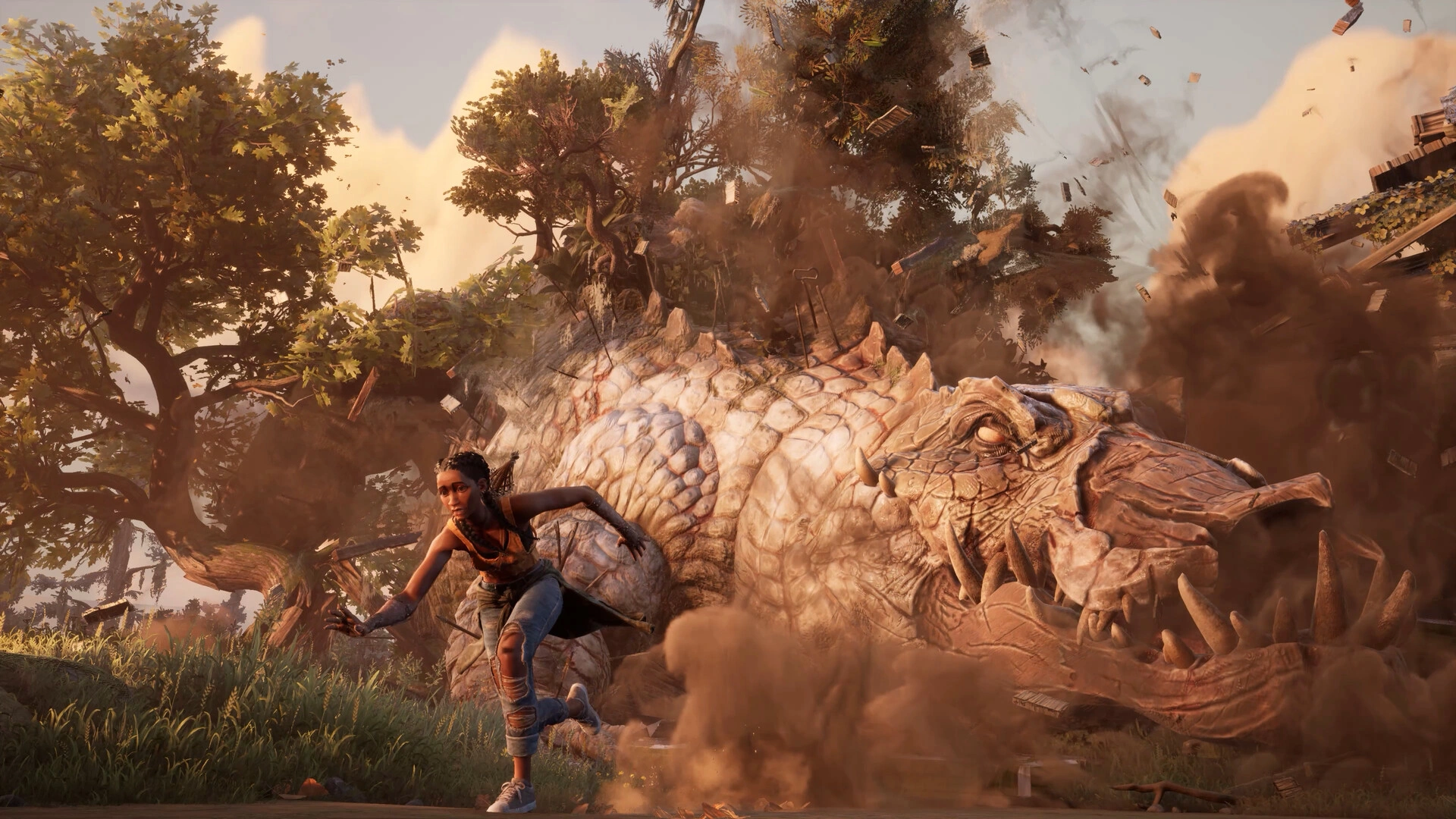 Captura South Of Midnight – La Protagonista Corre Junto A Un Reptil Gigantesco Derribado Mientras Polvo Y Escombros Vuelan