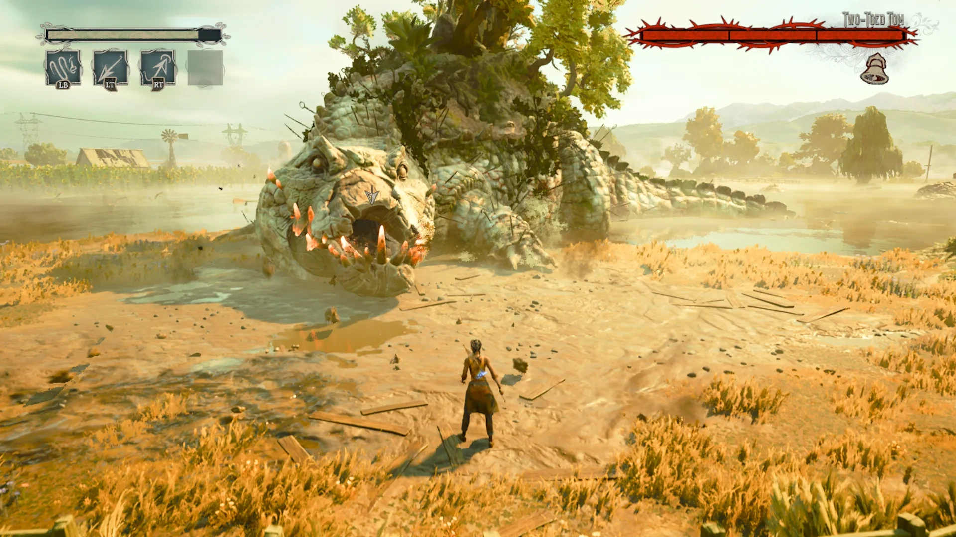 Captura South Of Midnight – Una Bestia Reptil Llamada Two Toed Tom Emerge De Un Pantano Reseco Frente A La Protagonista