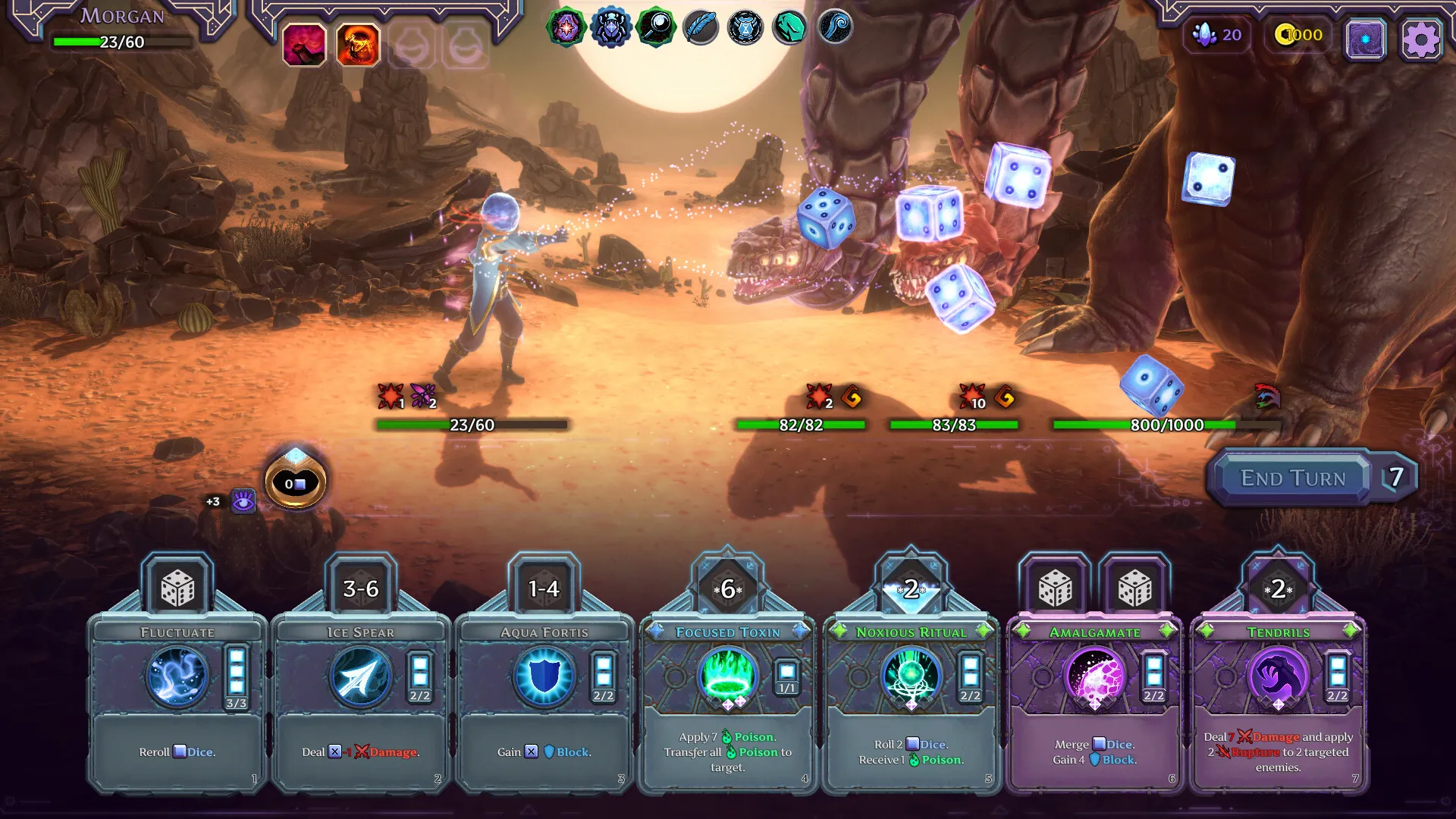 Captura SpellRogue – Personaje Enfrentando Enemigos En Zona Rocosa Con Menu De Habilidades Abajo