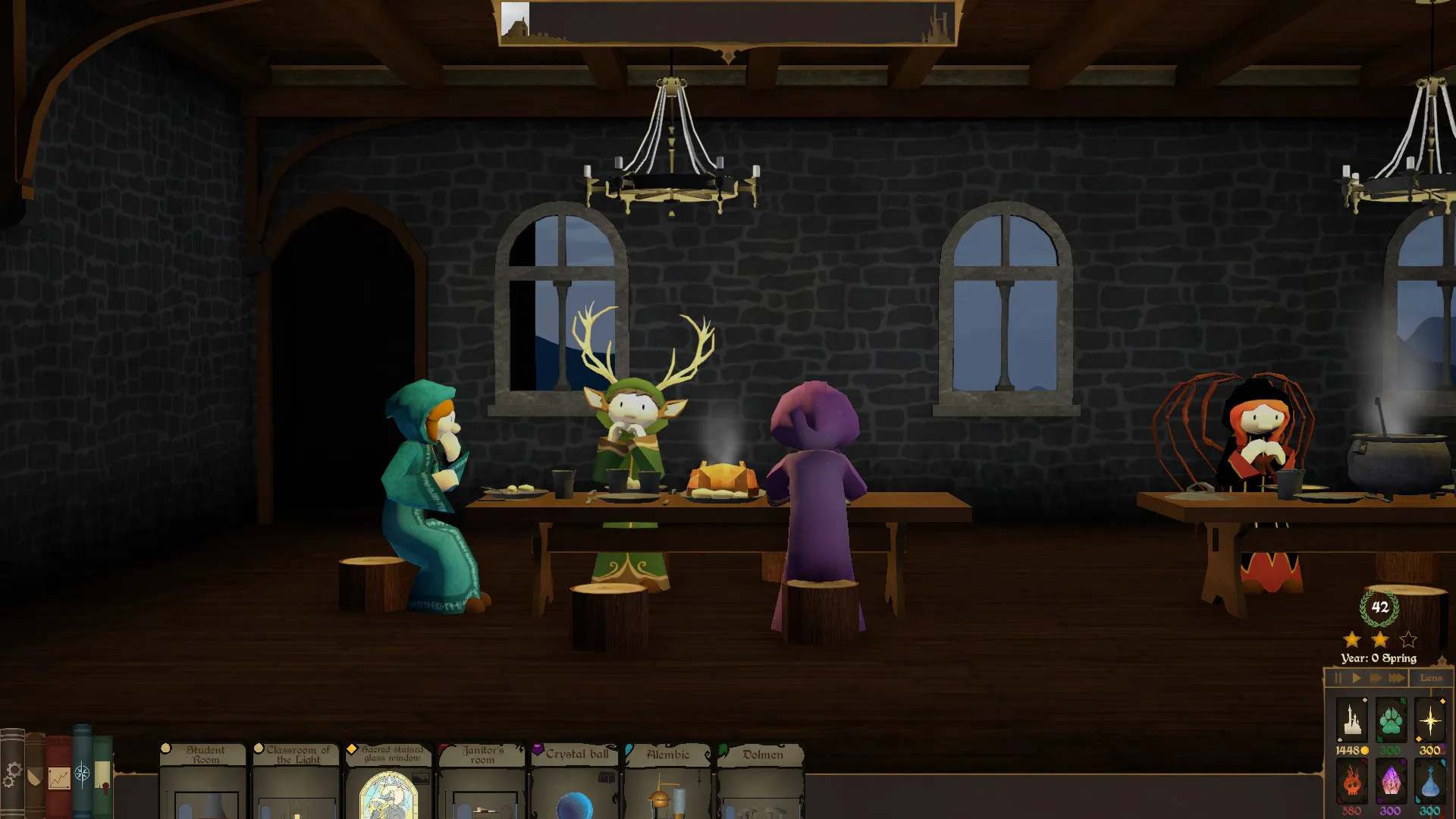 Captura Spellcaster University Personajes Con Cuernos Capas Y Alas Cenan Juntos En Un Comedor Dentro Del Castillo