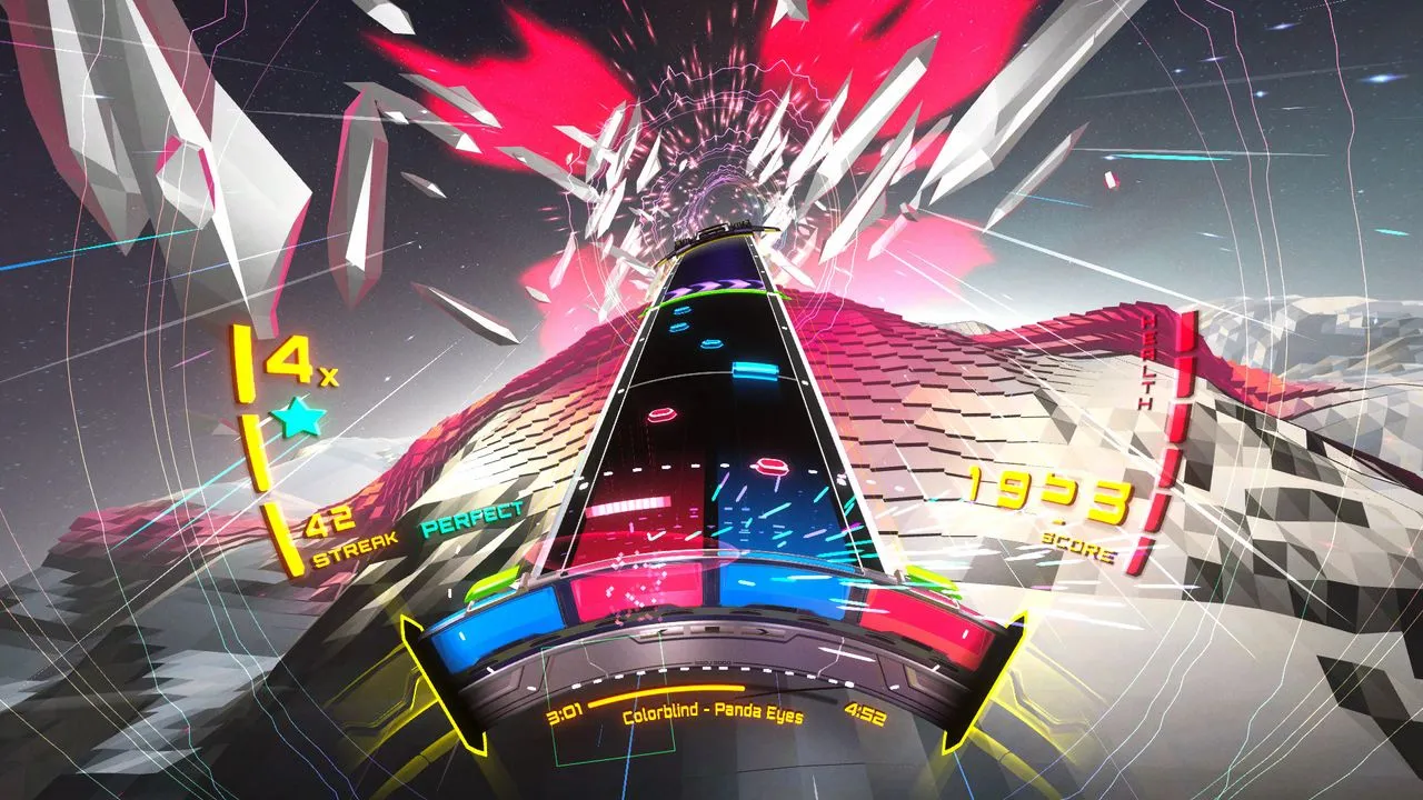 Captura Spin Rhythm XD – Carril Multicolor Con Geometria Futurista Y Estallido De Particulas