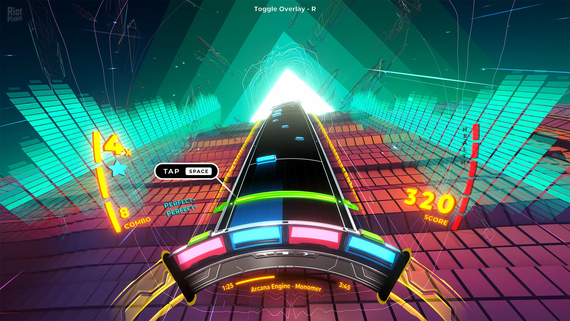 Captura Spin Rhythm XD – Vista Frontal Con Marcador De Combo Sobre Una Pista Triangular