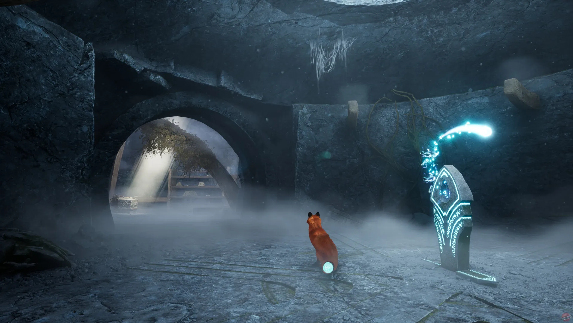 Captura Spirit Of The North 2 – El Zorro Se Adentra En Una Cueva Oscura Iluminada Por Simbolos Magicos