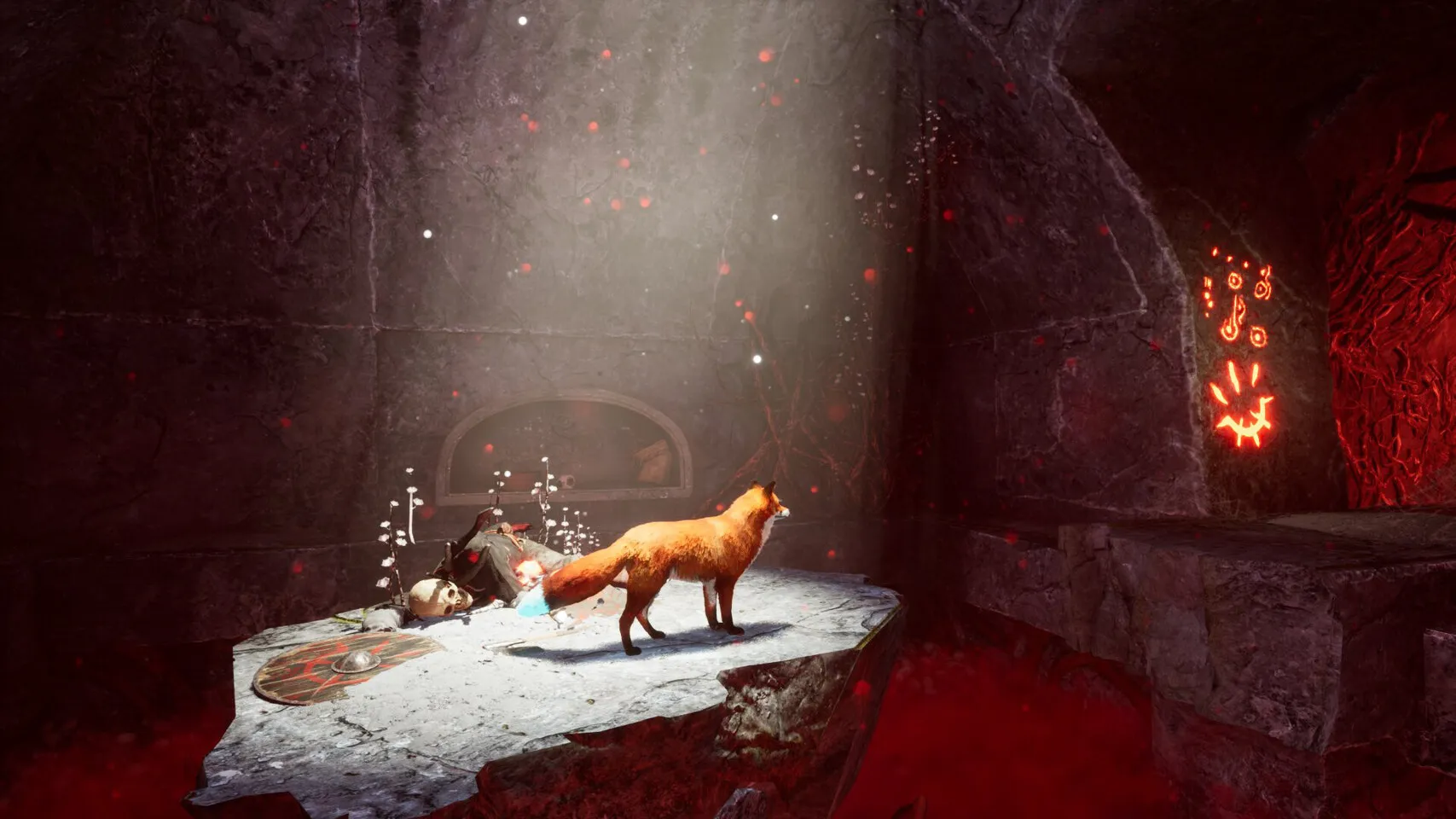Captura Spirit Of The North 2 – El Zorro Sobre Una Piedra Iluminada Junto A Restos Y Simbolos Rojos En La Pared