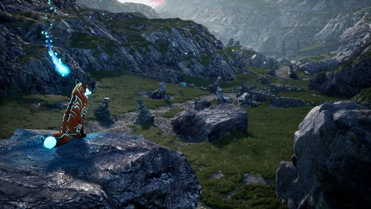 Captura Spirit Of The North 2 – Vista Panoramica Del Zorro Con Marcas Brillantes Observando Un Valle Con Ruinas
