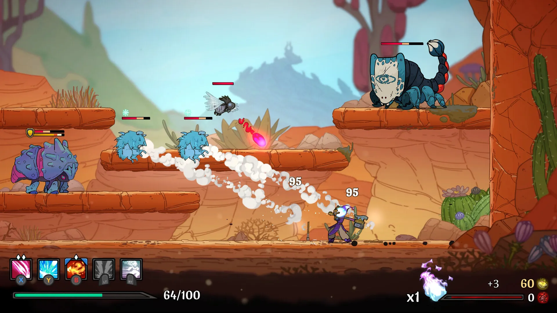 Captura Spiritfall Combate Lateral Con Enemigos Y Proyectiles En Un Entorno Desertico