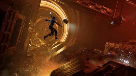 Captura Steel Seed Personaje Salta Sobre Un Tunel Metalico Iluminado En Naranja