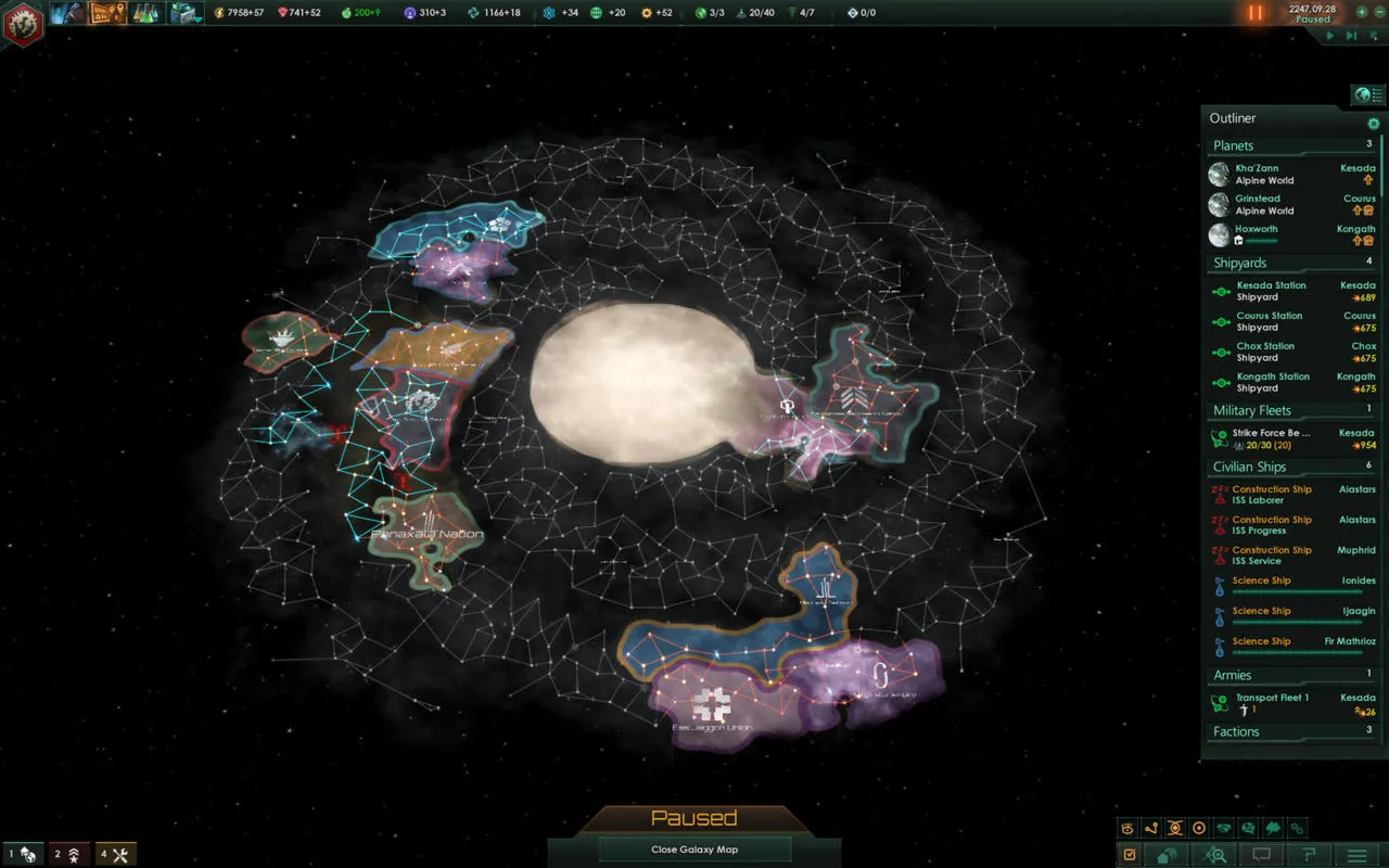 Captura Stellaris – Mapa Galactico Con Imperios De Colores Rodeando Un Nucleo Estelar