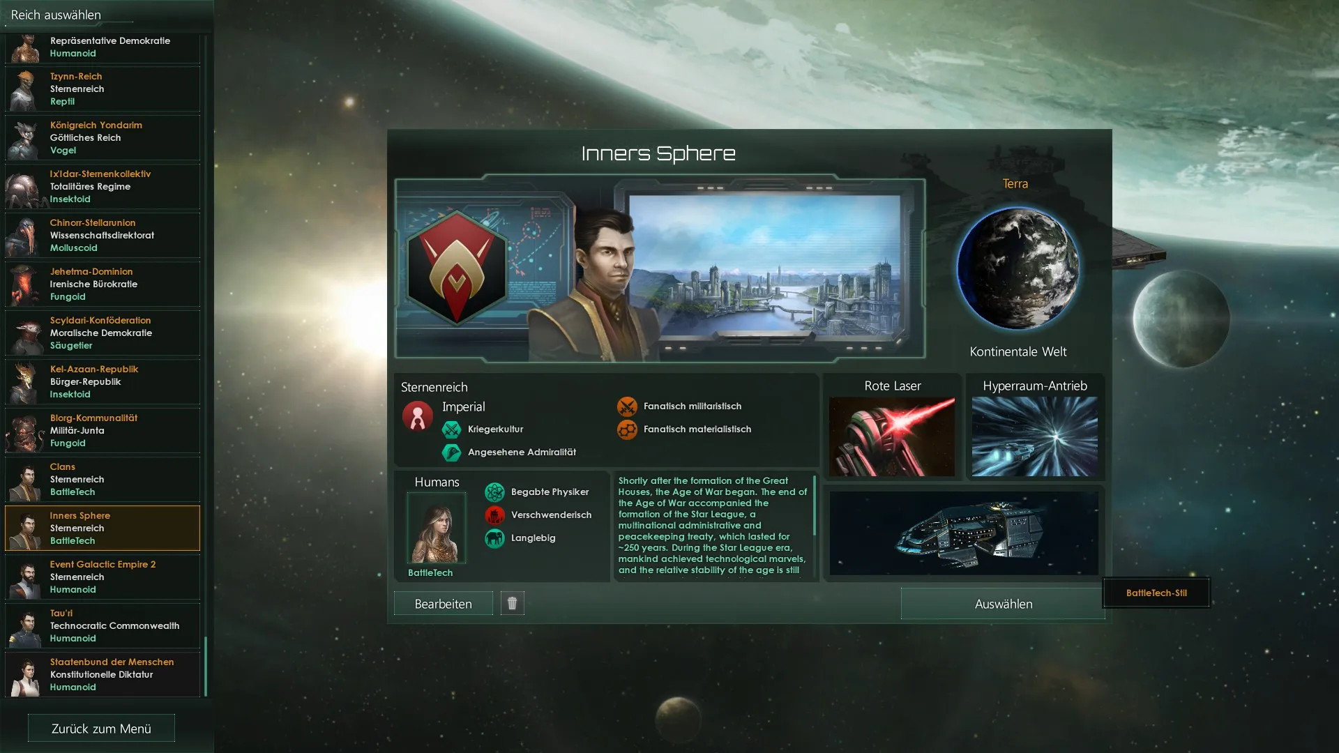Captura Stellaris – Menu De Seleccion De Imperio Con Personajes Descripciones Y Fondo Espacial