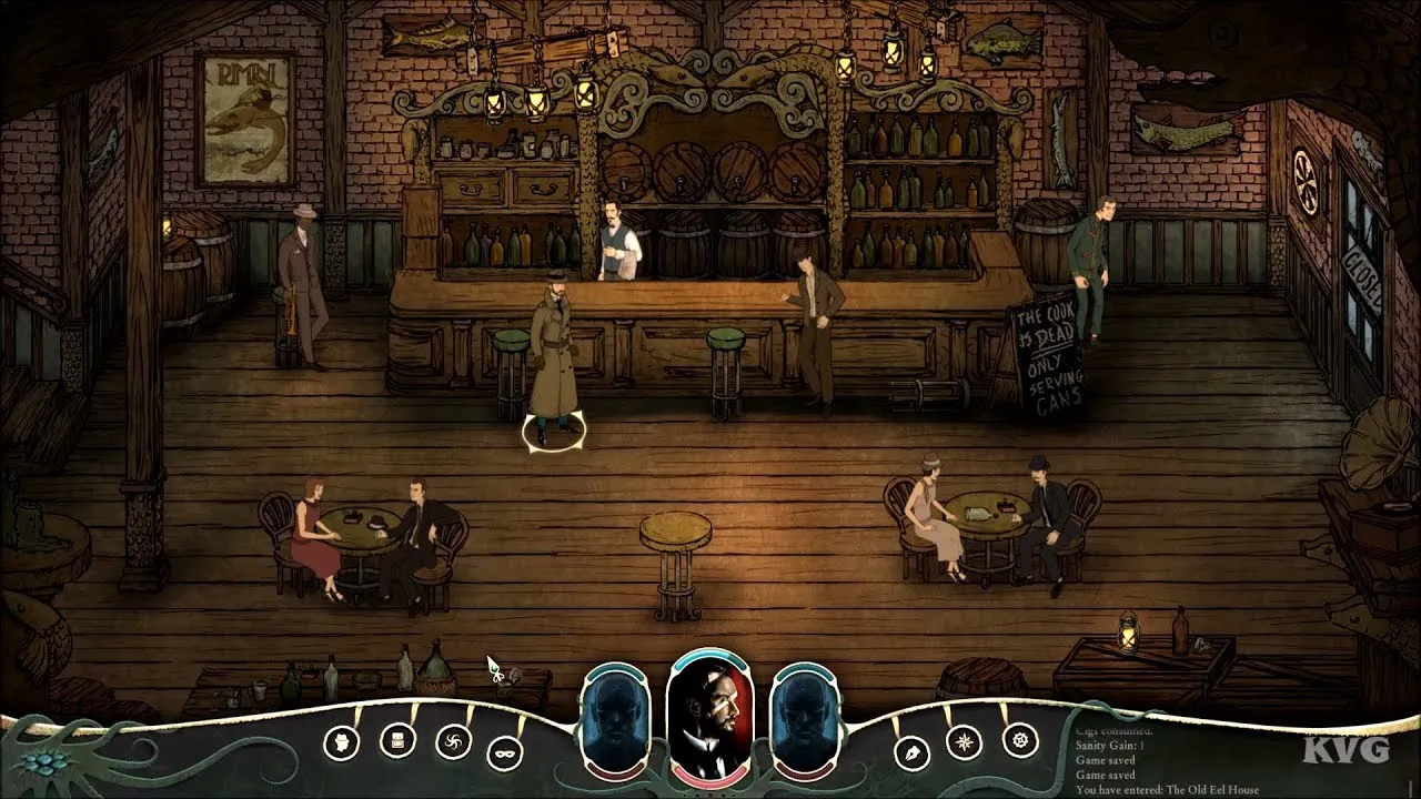 Captura Stygian Reign Of The Old Ones – Interior De Bar Con Personajes Distribuidos En Mesas