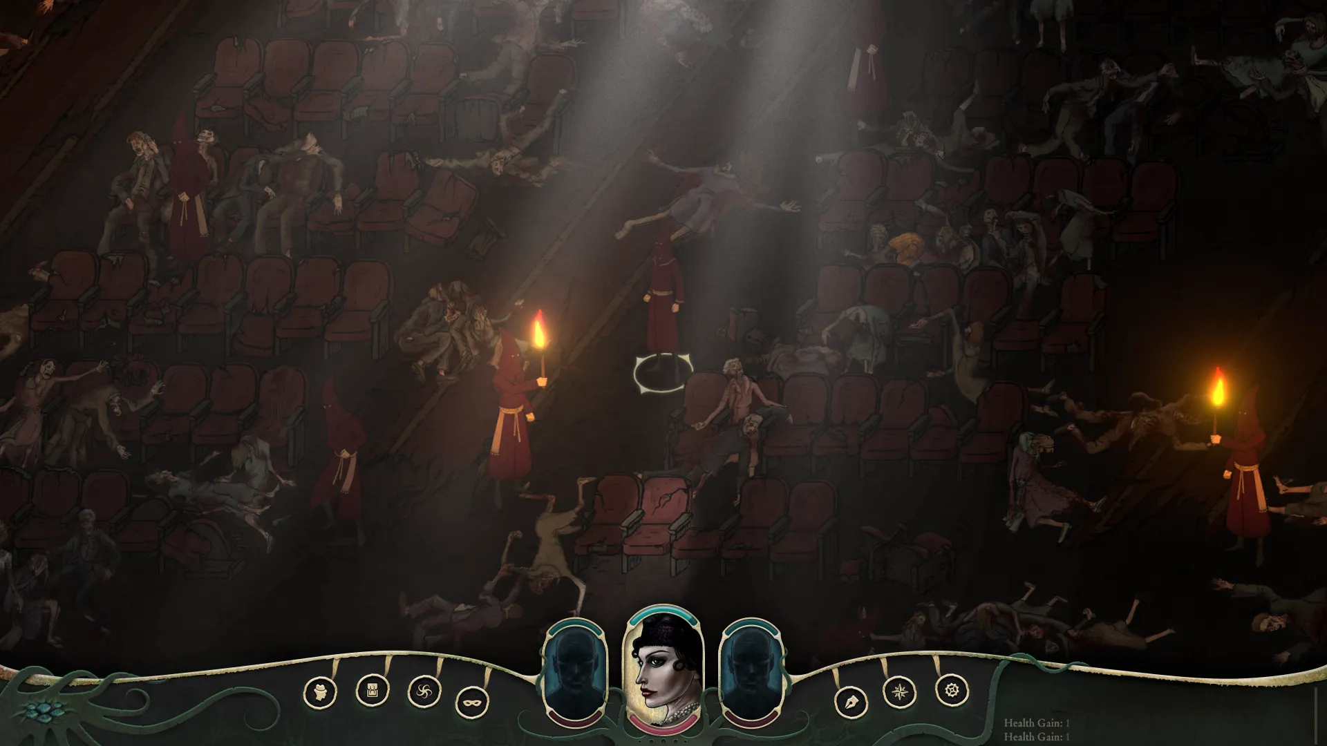 Captura Stygian Reign Of The Old Ones – Sala Oscura Con Rayos De Luz Y Figuras Reunidas