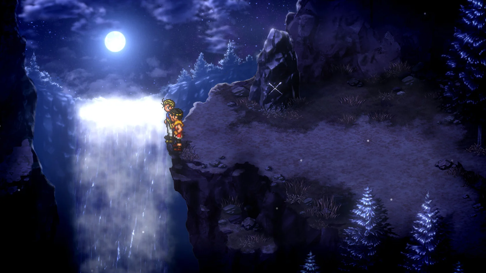 Captura Suikoden I II HD Remaster – Dos Personajes De Espaldas Frente A Una Cascada Iluminada Por La Luna