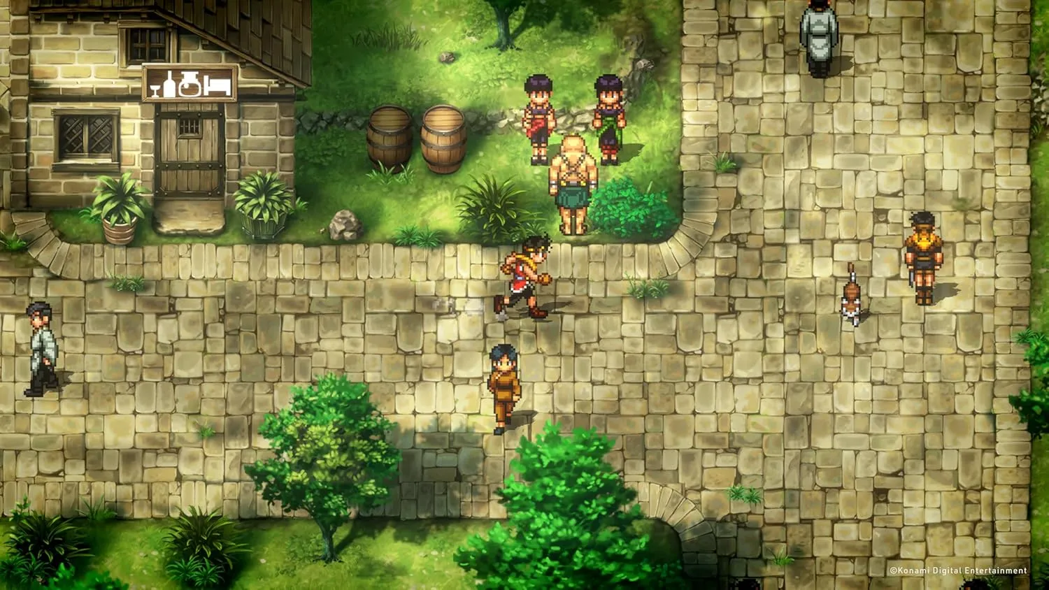 Captura Suikoden I II HD Remaster – Escena De Pueblo Con Multiples Personajes Caminando Entre Arboles Y Edificios
