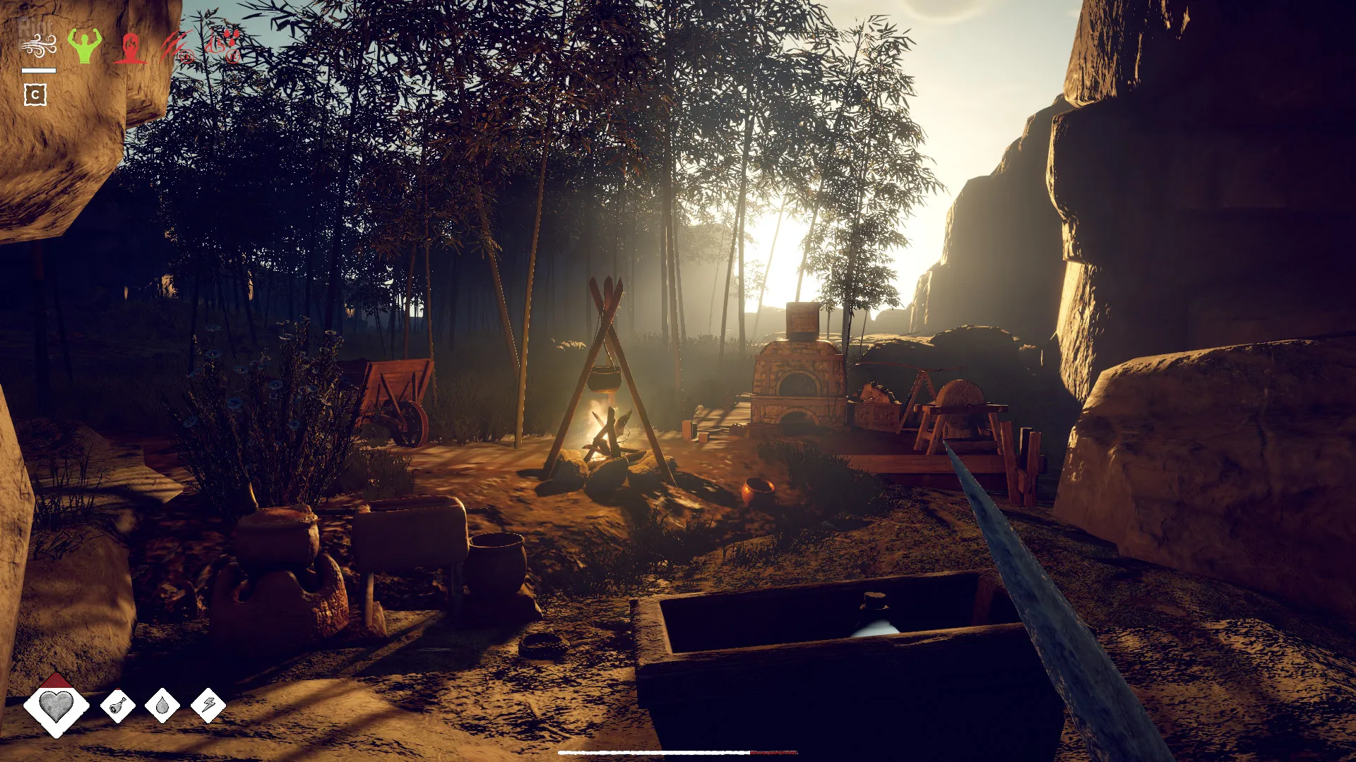 Captura Survival Fountain Of Youth – Campamento Improvisado Con Fogata Encendida Entre Arboles Y Rocas