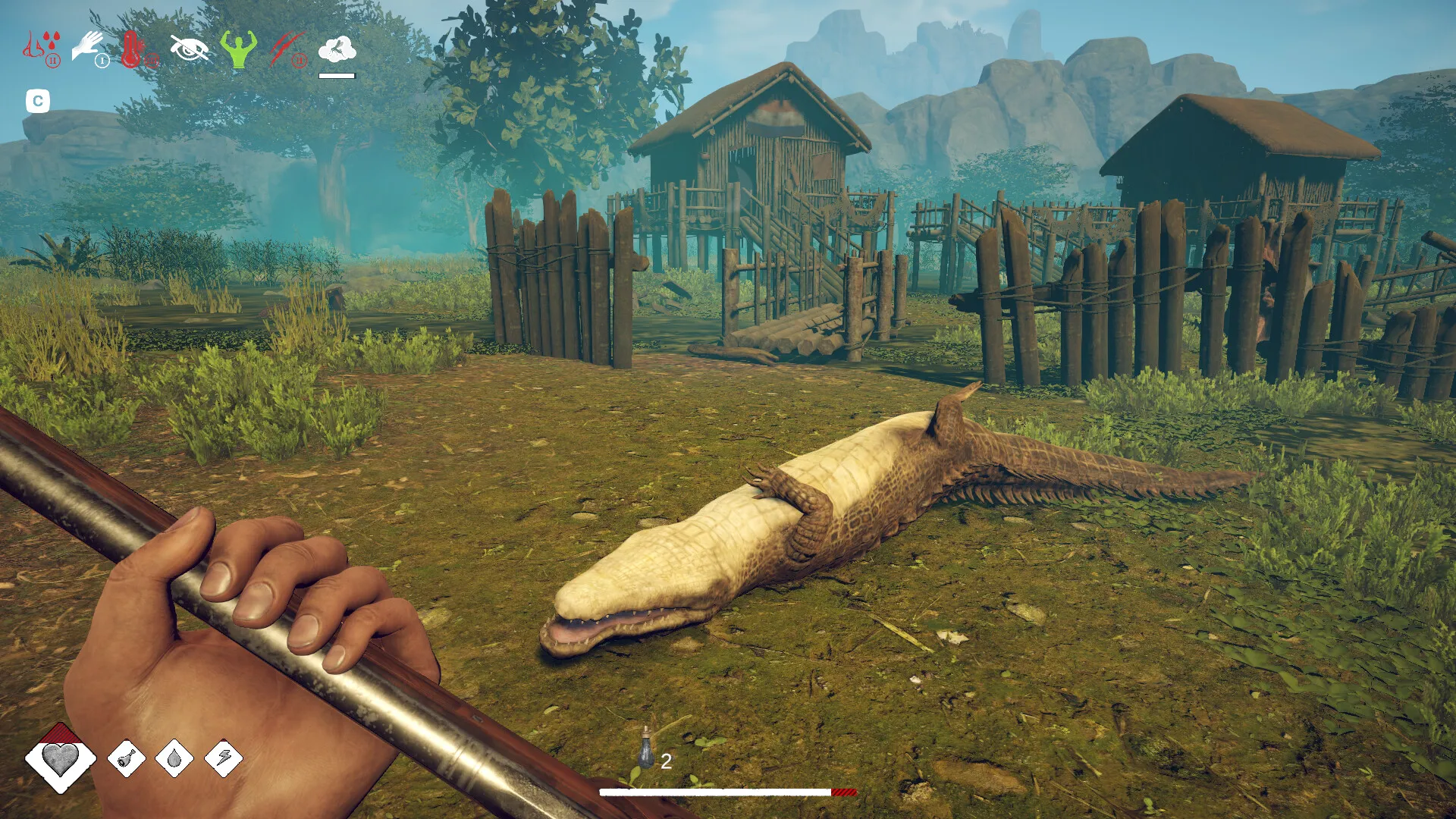 Captura Survival Fountain Of Youth – Cazador Sostiene Lanza Frente A Cocodrilo Abatido Junto A Un Poblado De Chozas