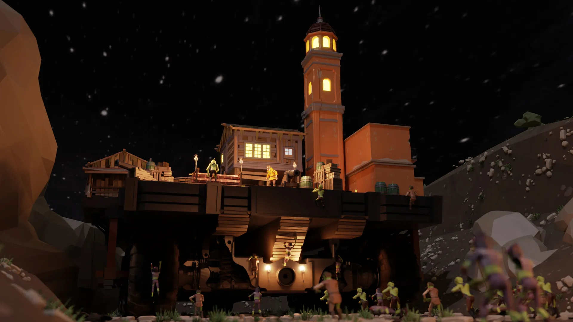Captura Survival Machine Plataforma Movil Iluminada En Campamento Nocturno