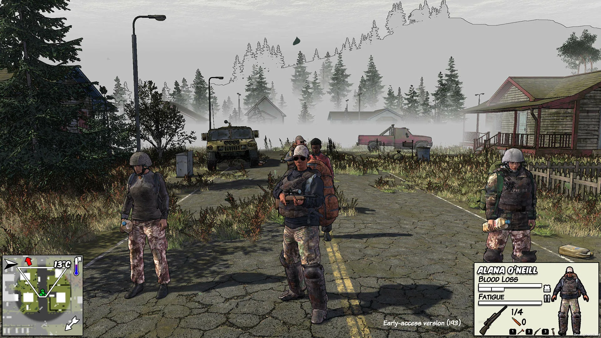 Captura Survivalist Invisible Strain – Dos Personajes Armados Caminando En Un Pueblo Nevado