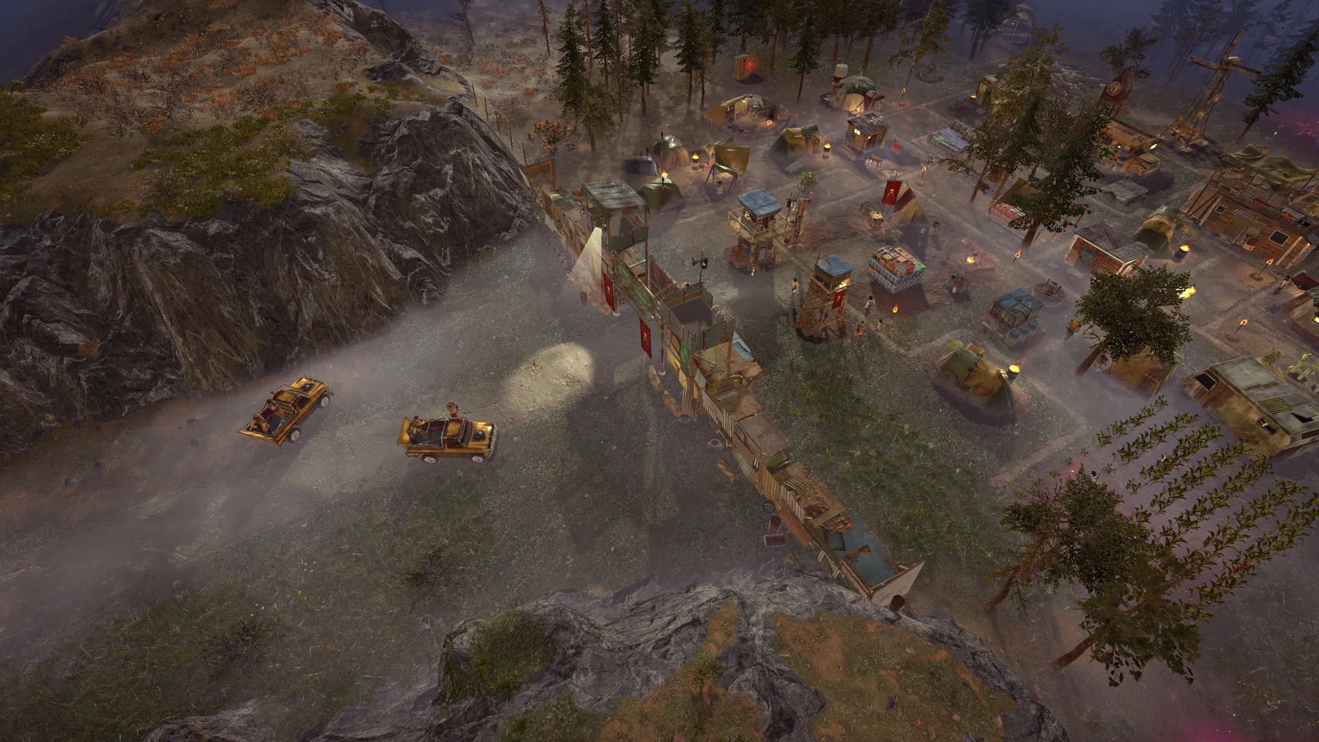 Captura Surviving The Aftermath Terreno Montanoso Con Vehiculos Avanzando Entre Construcciones