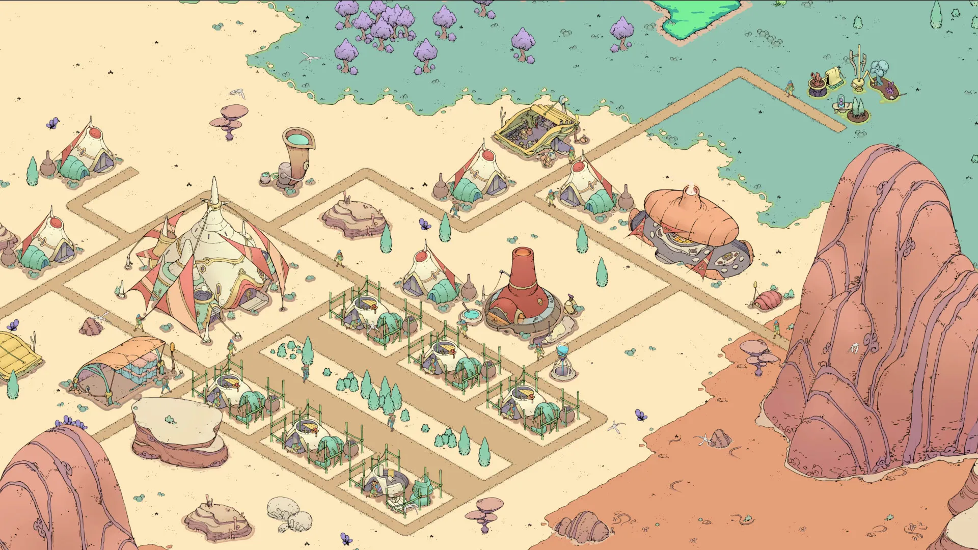 Captura Synergy – Ciudad Desertica Con Estructuras Conicas Y Paleta De Colores Suaves