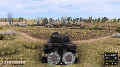 Captura Tank Squad – Vehiculo Blindado Recorriendo Una Aldea Con Interfaz Tactica Y Diales Visibles En Pantalla