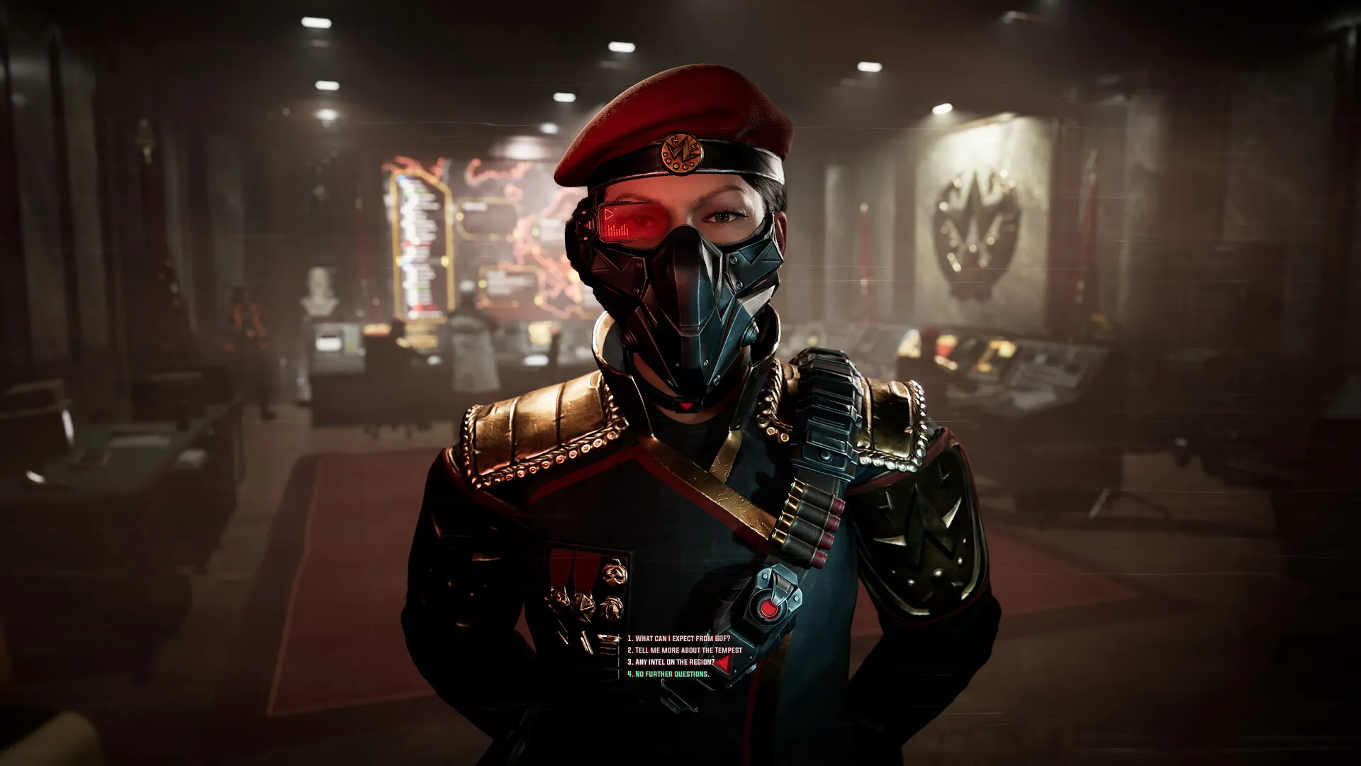 Captura Tempest Rising Deluxe Edition – La Comandante En Su Sala De Mando Con Interfaz De Dialogo Y Un Mapa Tactico Iluminado Tras Ella