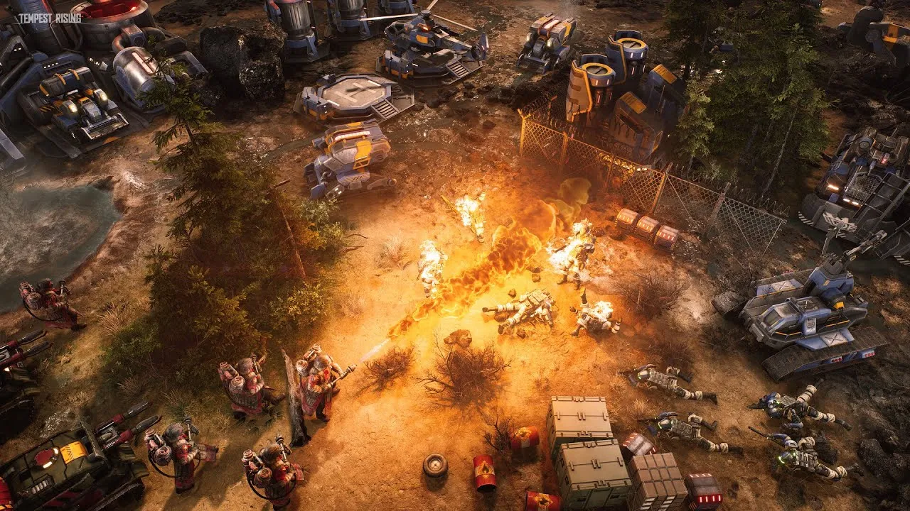 Captura Tempest Rising Deluxe Edition – Unidades Lanzan Fuego Sobre La Infanteria Enemiga Mientras Tanques Avanzan En Un Terreno Rojizo