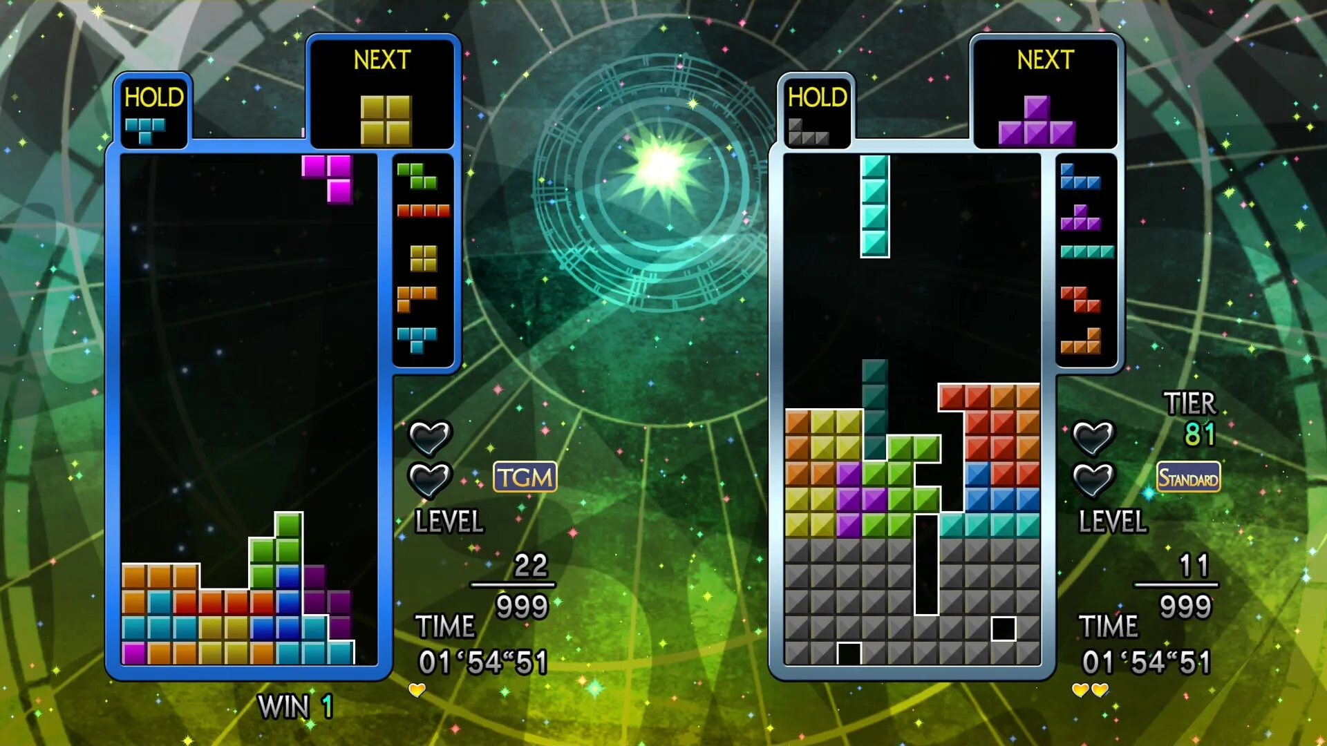 Captura Tetris The Grand Master Ace Tablero Activo Con Piezas Moviendose Sobre Fondo Verde