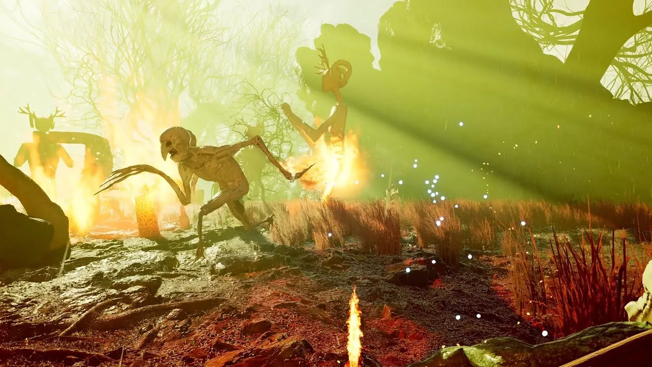 Captura The Axis Unseen Bosque Iluminado Por Rayos Verdes Con Una Figura Al Acecho