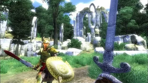 Captura The Elder Scrolls IV Oblivion Remastered Guerrero Con Espada Y Escudo En Ruinas Iluminadas