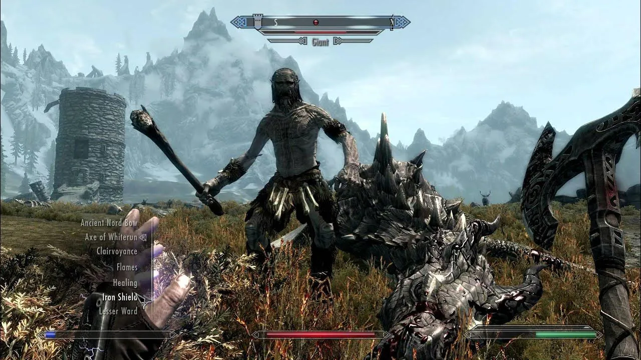 Captura The Elder Scrolls V Skyrim Legendary Edition – Batalla Contra Un Gigante Empunando Una Maza Con Armas Seleccionadas En Pantalla