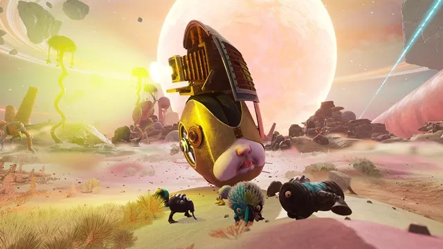 Captura The Eternal Cylinder – Entorno Colorido Con Criaturas Y Un Planeta Gigantesco Al Fondo