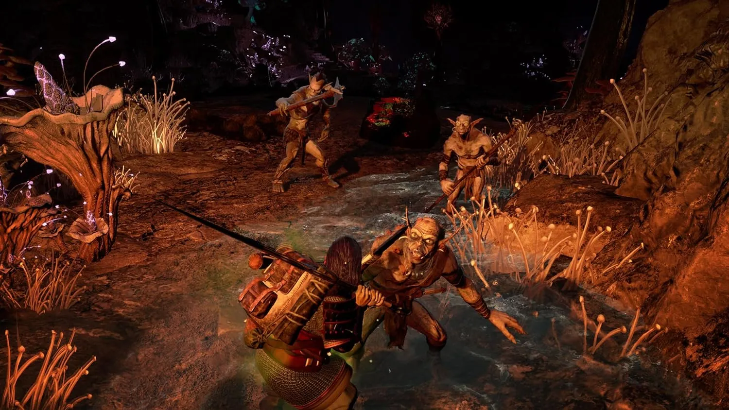Captura The Lord Of The Rings Return To Moria – Un Enano Combate Con Espada A Un Grupo De Trasgos En Una Cueva Cubierta De Hongos Brillantes