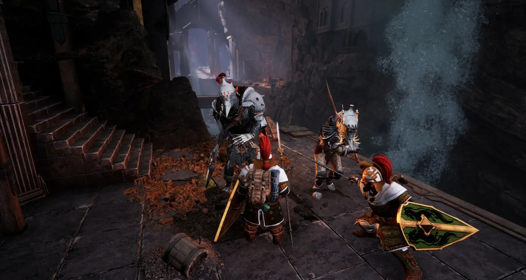 Captura The Lord Of The Rings Return To Moria – Varios Enanos Armados Enfrentan A Soldados Con Armaduras Oscuras Cerca De Una Cascada Subterranea