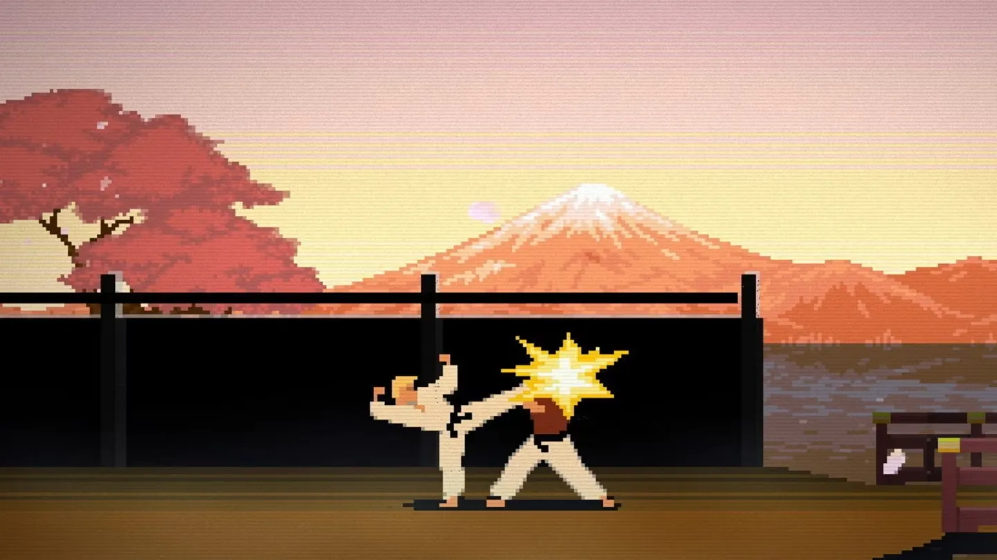 Captura The Making Of Karateka – Escena Similar Pero Al Atardecer Con Colores Calidos Y Arboles Rojizos