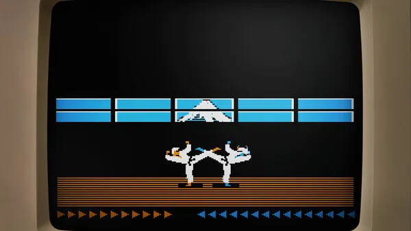 Captura The Making Of Karateka – Pantalla De Juego Con Barra De Energia Y Combate En Una Television Antigua