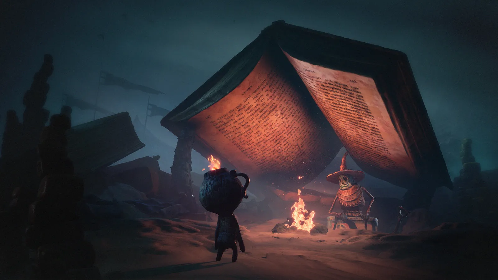Captura The Midnight Walk – El Protagonista Observa Un Libro Gigante Abierto Junto A Una Figura Esqueletica Junto Al Fuego